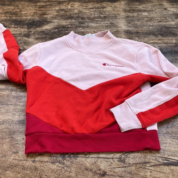 Champion chevron striped mock turtleneck sweatshirt pink orange crop size xs - Picture 2 of 9